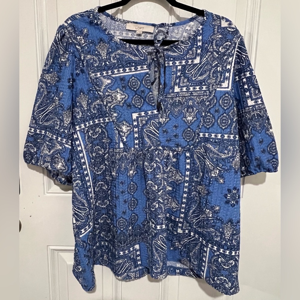 NWT! Loft Blue Bandana Paisley Balloon Sleeve Textured Blouse Size XXL Women’s - Picture 3 of 13